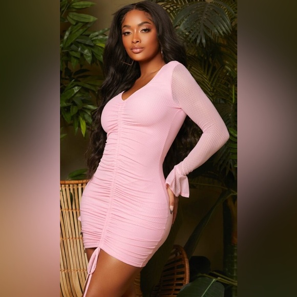 SHEIN SXY -Pink Ruched Drawstring Flounce Sleeve Bodycon Dress size XL NWT - Picture 3 of 11